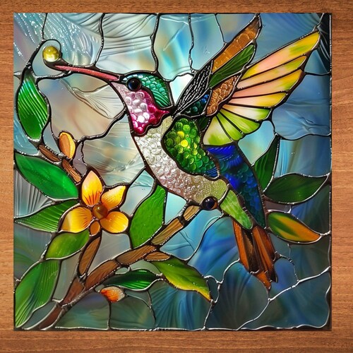 Oeuvre d'art aspect vitrail colibri sur carreau de céramique brillant Pièce de présentation artistique et cadeau carrelée