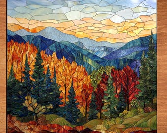 Mountain Vista Fall Ceramic Art Tile Stained Glass Look Glossy Bookshelf Book Nook Wall Decor Gift for Her Christmas