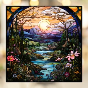 Adhesivo decorativo para ventana con diseño de vidriera de pradera encantada mística. Adhesivo reutilizable para ventana. Decoración para ventanas Arful.
