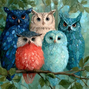 Row of Owls Stained Glass Ceramic Tile | Owl Wall Art | Owl Lover Gift
