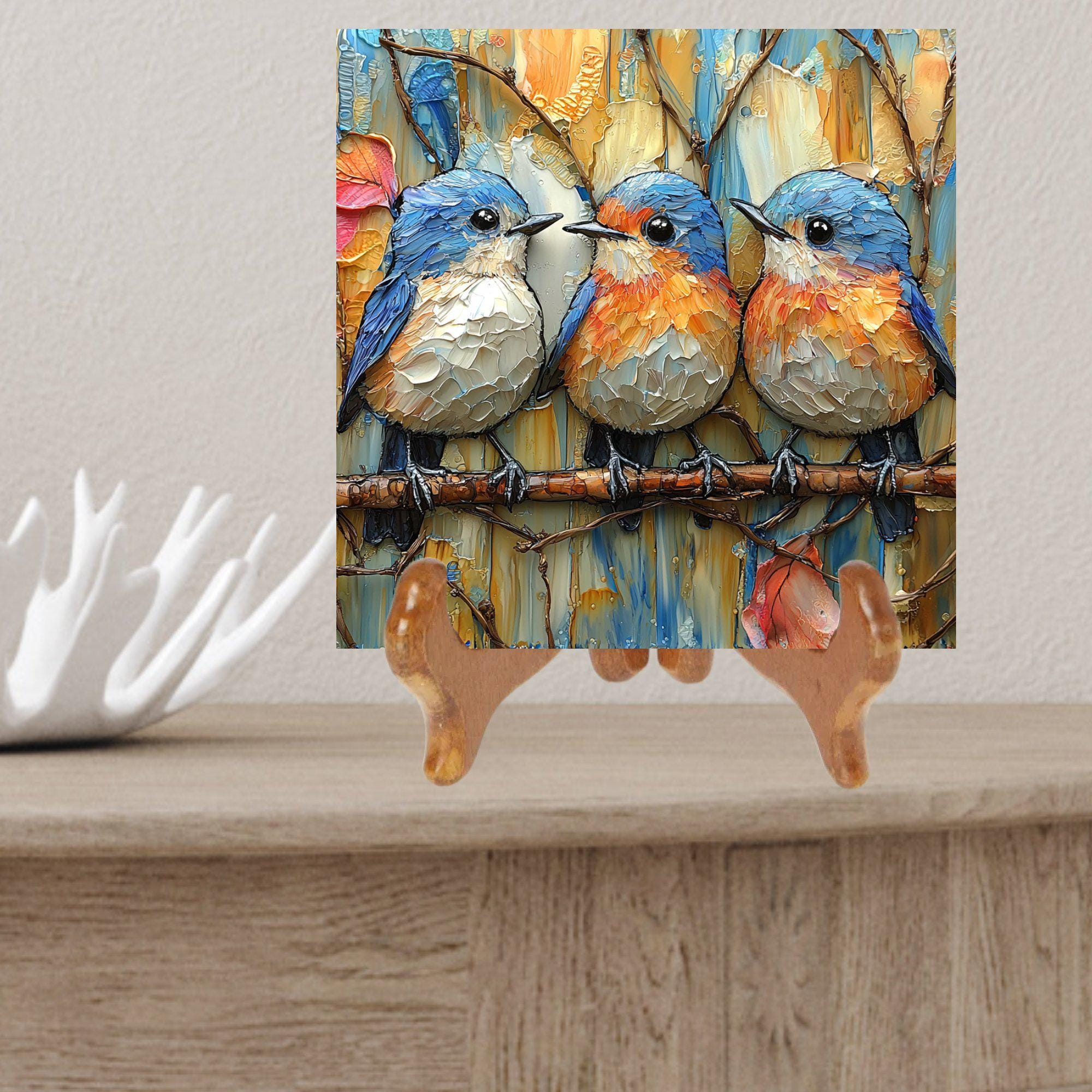 Row of Bluebirds Decorative Tile Ceramic Art Tile Wall Decor Bookshelf Book Nook Wall Art Gift for Her House Decoration