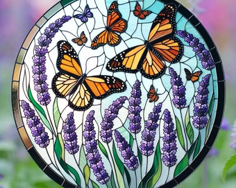 Butterflies and Lavender Stained Glass Window Cling Reusable Window Art Decal Sticker Film Artful Window Decor Springtime Monarch