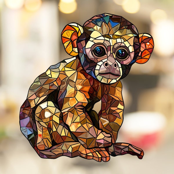 Capuchin Monkey Stained Glass Window Cling Window Sticker Decal - No Adhesive Required, Reusable Gift for Her Him Home
