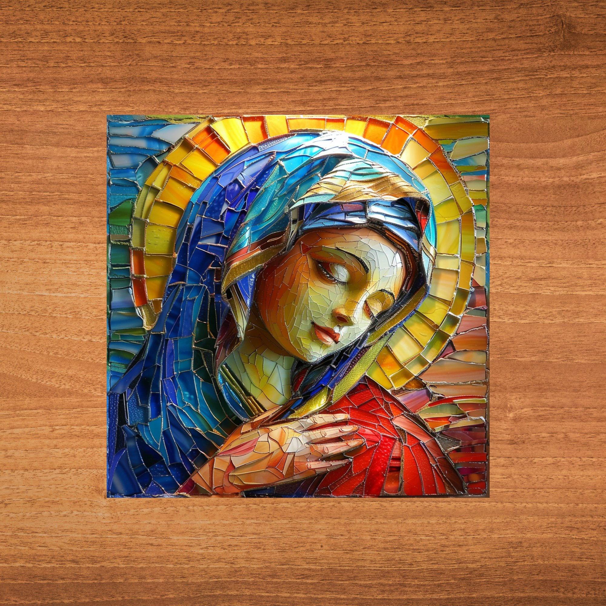 Mother Mary Stained Glass Look Art on Glossy Ceramic Decorative Tile ...