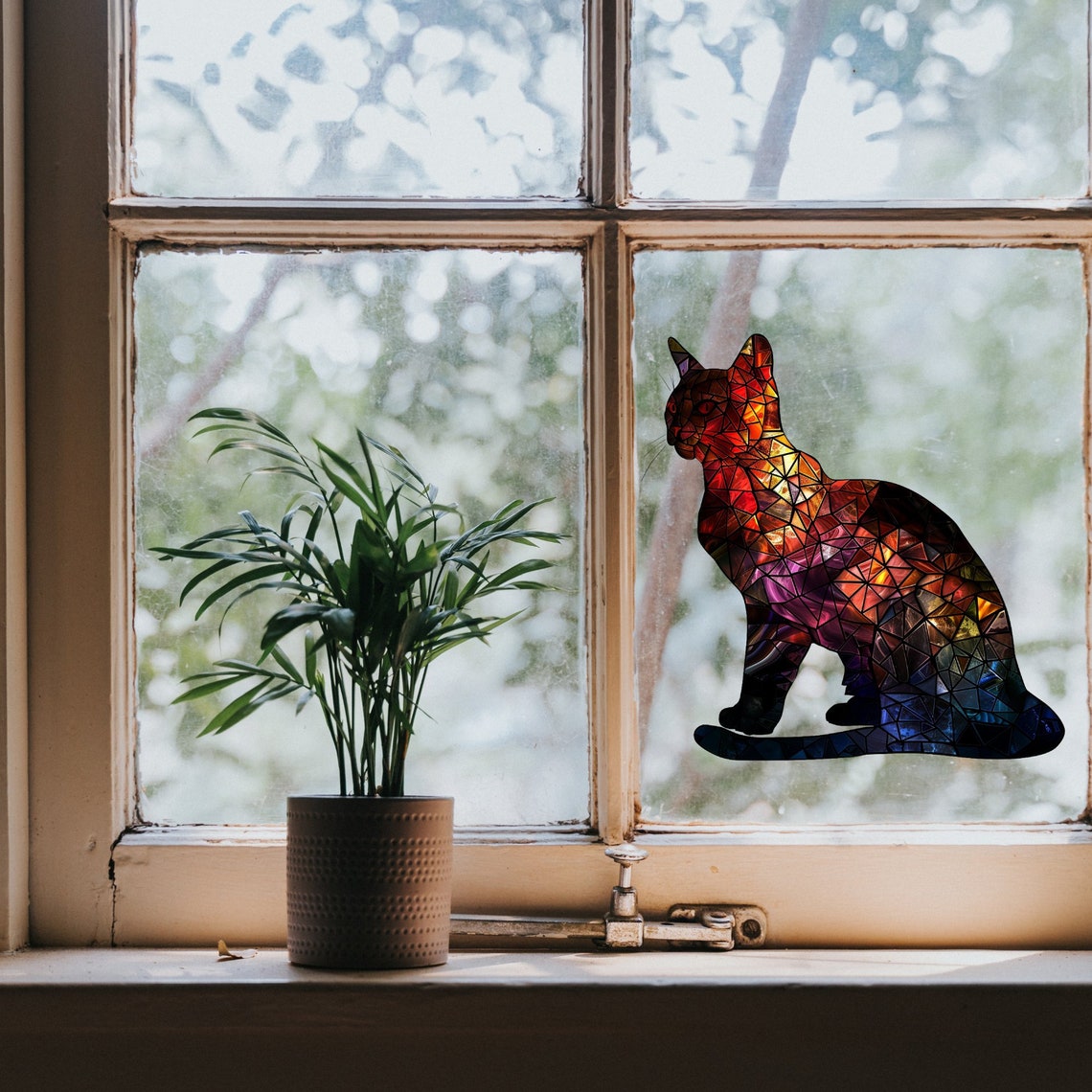 Black Cat Halloween Stained Glass Look Window Cling Decal Sticker ...