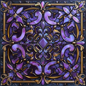 May include: A purple and gold decorative tile with a geometric pattern. The tile has a stained glass look with intricate details.