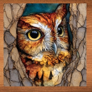 May include: A detailed watercolor painting of an owl with large, expressive eyes. The owl's feathers are a mix of orange, brown, and white, with a yellow beak. The background is a blend of blue and brown, creating a naturalistic scene.