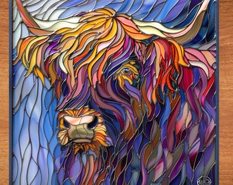 Highland Cow Stained Glass Look Art on Glossy Ceramic Decorative Tile Tileful Artful Mosaic Wall Decor
