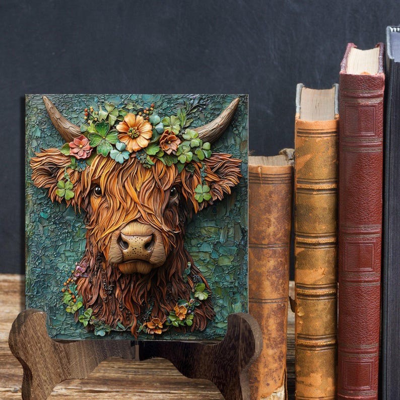 Irish Highland Cow Ceramic Art Tile Artful Bookshelf Book Nook Wall Decor Gift for Her Saint Patrick's Day Springtime Irish afbeelding 9