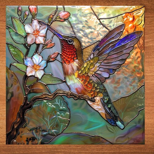 Oeuvre d'art aspect vitrail colibri sur carreau de céramique brillant Pièce de présentation artistique et cadeau carrelé