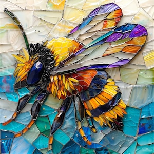 May include: A mosaic art piece depicting a bee with yellow, orange, red, blue, and purple glass tiles. The bee is in flight with its wings spread out.