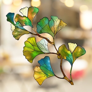 Green Blue Ginkgo Leaves Stained Glass Window Cling Decal Sticker Film Window Decor No Adhesive Vinyl Artful