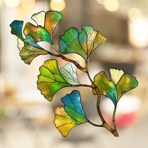 Green Blue Ginkgo Leaves Stained Glass Window Cling Decal Sticker Film Window Decor No Adhesive Vinyl Artful