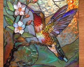 Humming Bird Stained Glass Look Art on Glossy Ceramic Tile Tileful Artful Display Piece and Gift