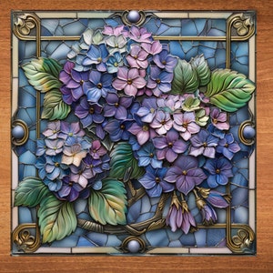 May include: A square stained glass panel featuring a detailed depiction of hydrangea flowers in shades of blue, purple, and pink. The flowers are surrounded by green leaves and set against a blue background with a decorative bronze frame.