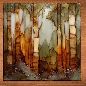 May include: A square, abstract artwork depicting a forest scene. The piece features vertical tree trunks in shades of white, brown, and orange, set against a backdrop of green and off-white. The artwork is framed in a wooden border.