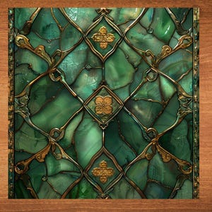 May include: A stained glass window with a green and gold geometric pattern. The glass is cracked and broken in places, giving it a vintage look.