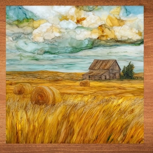 May include: An abstract painting of a rural landscape featuring a weathered barn, hay bales, and a field of golden wheat. The sky is filled with fluffy white and yellow clouds, with hints of blue and green.
