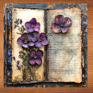 May include: A vintage book with a distressed cover, open to reveal a page with handwritten text.  Purple flowers are adhered to the page, creating a 3D effect.