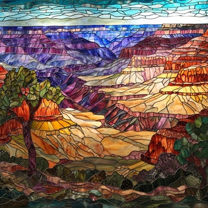 May include: A stained glass artwork depicting a colorful view of the Grand Canyon. The artwork features a variety of colors, including purple, blue, red, orange, and yellow. The artwork is framed in a dark wood frame.