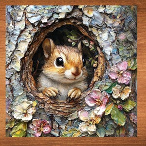May include: A close-up of a small, brown squirrel peeking out of a tree trunk. The squirrel has large, dark eyes and a cute, fluffy tail. The tree trunk is covered in bark and surrounded by pink and white flowers.