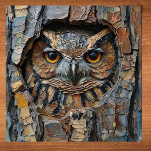 May include: A close-up of an owl's face peering out from behind a textured, mosaic-like tree bark. The owl's eyes are bright yellow, and its feathers are a mix of brown, black, and white.