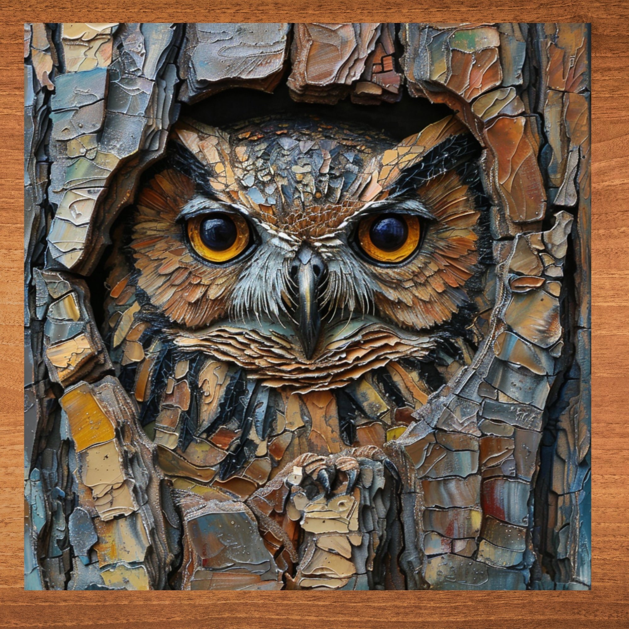 Owl in Hollow Tree Stained Glass Look Art on Glossy Ceramic Tile Decorative Gift Artful Mosaic Wall Decor