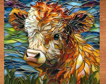 Baby Highland Cow Stained Glass Look Art on Glossy Ceramic Decorative Tile Tileful Artful Mosaic Wall Decor