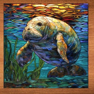 Manatee Stained Glass Look Art on Glossy Ceramic Tile Tileful Artful Display Piece and Gift