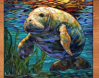 Manatee Stained Glass Look Art on Glossy Ceramic Tile Tileful Artful Display Piece and Gift