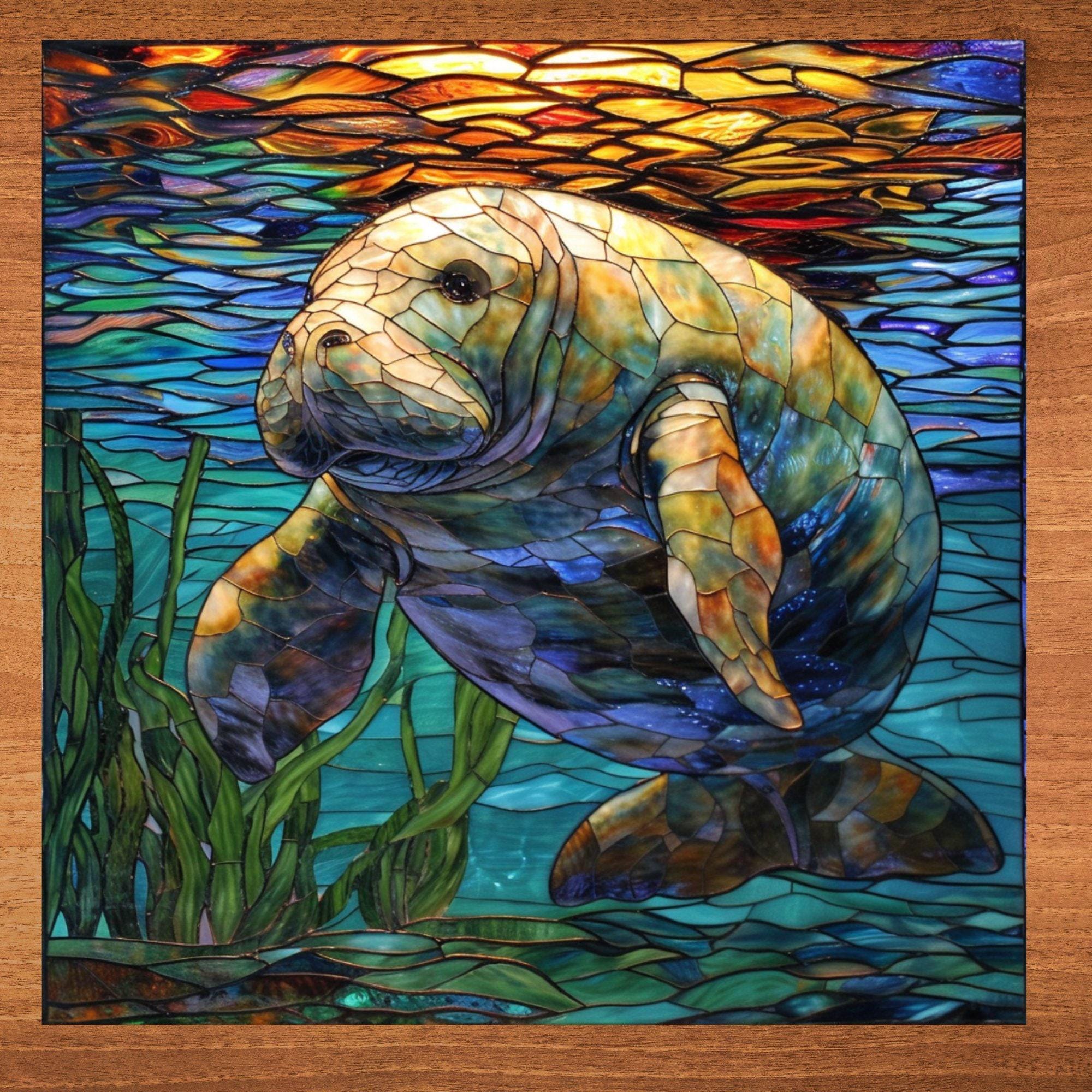 Manatee Stained Glass Look Art on Glossy Ceramic Tile Tileful Artful Display Piece and Gift