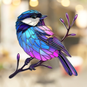 Chickadee Stained Glass Window Cling Decal Sticker Vinyl Window Film Artful Window Decor Gift for Her Mom Home Housewarming