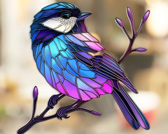 Chickadee Stained Glass Window Cling Decal Sticker Vinyl Window Film Artful Window Decor Gift for Her Mom Home Housewarming