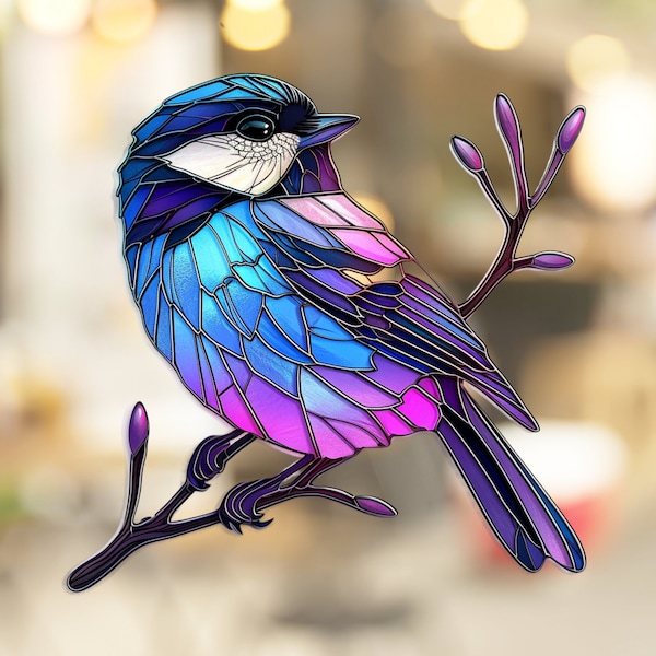 Chickadee Stained Glass Window Cling Decal Sticker Vinyl Window Film Artful Window Decor Gift for Her Mom Home Housewarming