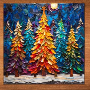 May include: A colorful mosaic artwork depicting a forest of Christmas trees. The trees are rendered in vibrant hues of orange, yellow, green, and blue, set against a dark blue background. A full moon and a star are visible in the night sky. The artwork is framed in a wooden border.