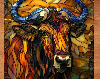 Wildebeest Stained Glass Look Art on Glossy Ceramic Decorative Tile Tileful Artful Mosaic Wall Decor