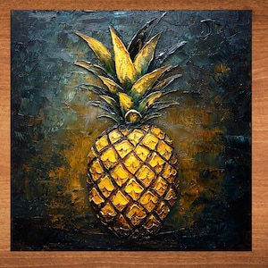 May include: A close-up of a yellow pineapple with green leaves against a dark blue and brown background. The pineapple is painted in a textured style, giving it a three-dimensional appearance.