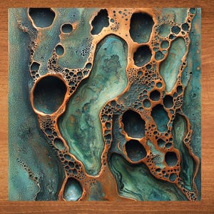 May include: A close-up of a copper and green metal wall art piece with a textured, bubble-like design.