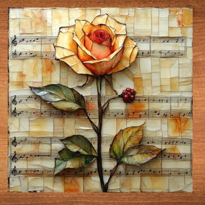 May include: A mosaic artwork featuring a yellow and red rose with green leaves and a small cluster of red berries. The background is a mosaic of musical notes and staves, all set within a wooden frame.