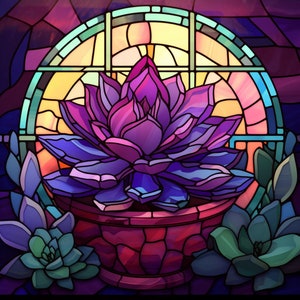 May include: A stained glass design featuring a vibrant purple succulent in a red pot, set against a backdrop of a colorful arched window. Additional succulents in shades of green and blue flank the central plant, creating a balanced composition.