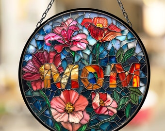 Mom Flowers Suncatcher for Window Decor Gift for Mothers Day Birthday Gift for Her Mom Mother Grandmother Daughter Friend Gift for Me