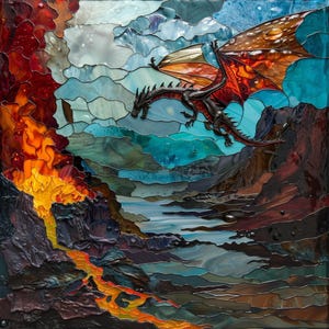 May include: A stained glass artwork depicting a black dragon flying over a fiery landscape. The dragon has red wings with gold accents and is flying over a river of lava.