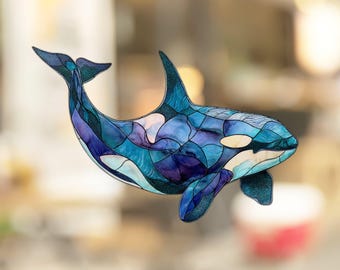 Adhesivo para ventana con diseño de orca, efecto vidriera, sin adhesivo. Regalo ideal para amantes de las criaturas marinas.