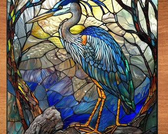 Art Nouveau Blue Heron Stained Glass Look Art on Glossy Ceramic Tile Tileful Artful Display Piece and Gift