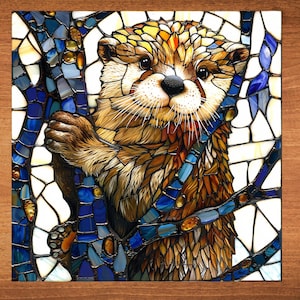 May include: A stained glass artwork depicting a brown and tan otter with a white chest and a black nose. The otter is surrounded by blue and white stained glass pieces, creating a mosaic effect.