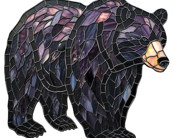 May include: A stained glass bear with purple, blue, and black glass pieces. The bear is standing on all fours and has a detailed face.