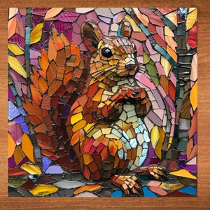 May include: A mosaic artwork featuring a squirrel in shades of brown, orange, and red, set against a backdrop of autumn leaves. The squirrel is depicted in a seated position, holding something in its paws. The mosaic is framed in a wooden border.