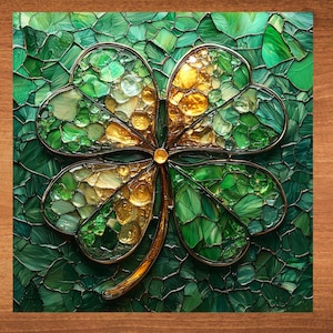 May include: A four-leaf clover made of stained glass with green and gold pieces. The clover is set against a green background.