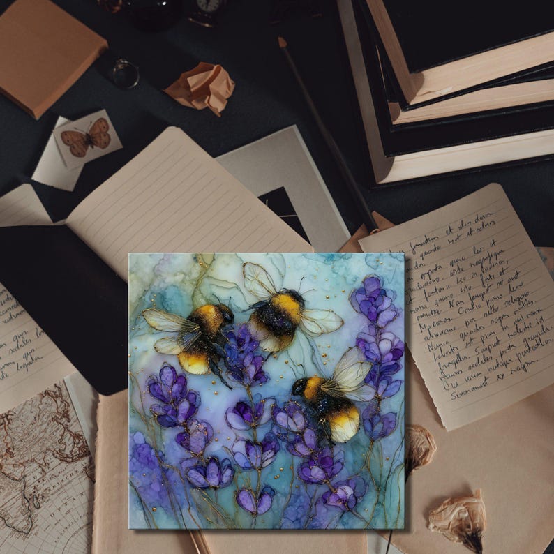 Bumble Bee Art, Lavender Flowers Decor, Nature Wall Art, Bee Painting, Botanical Print, Garden Themed Artwork, Insect Illustration
