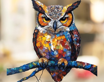May include: A colorful, mosaic-style owl perched on a branch. The owl's feathers are a mix of blues, greens, yellows, oranges, and reds. The owl has sharp, yellow eyes and a serious expression.